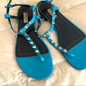 Balenciaga Turquoise Studded T-Strap Flat Sandals